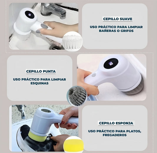 Cepillo Eléctrico de Limpieza 5 en 1 – Recargable con Pantalla LED y 5 Cabezas Intercambiables